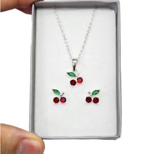 Aros Y Dije Con Cadena De Plata 925 Cereza Circones Rojos